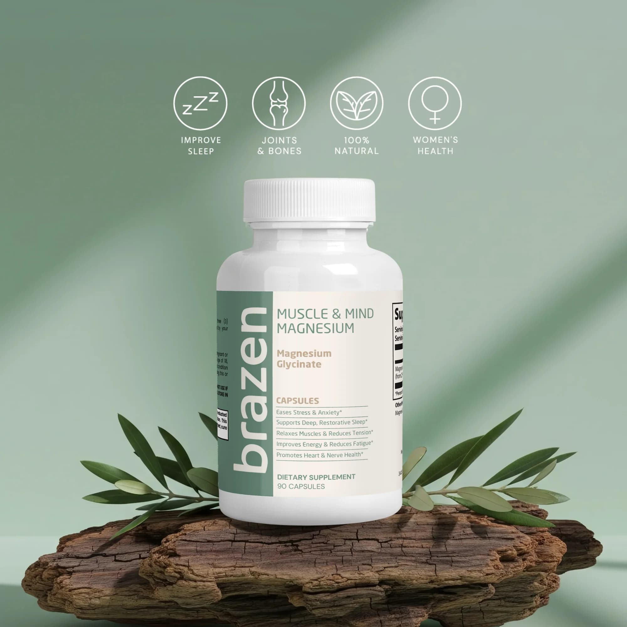Brazen Muscle & Mind Magnesium on a wooden slab surrounded by greenery