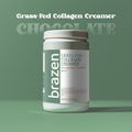 Brazen Grass-Fed Collagen Creamer container on a green background