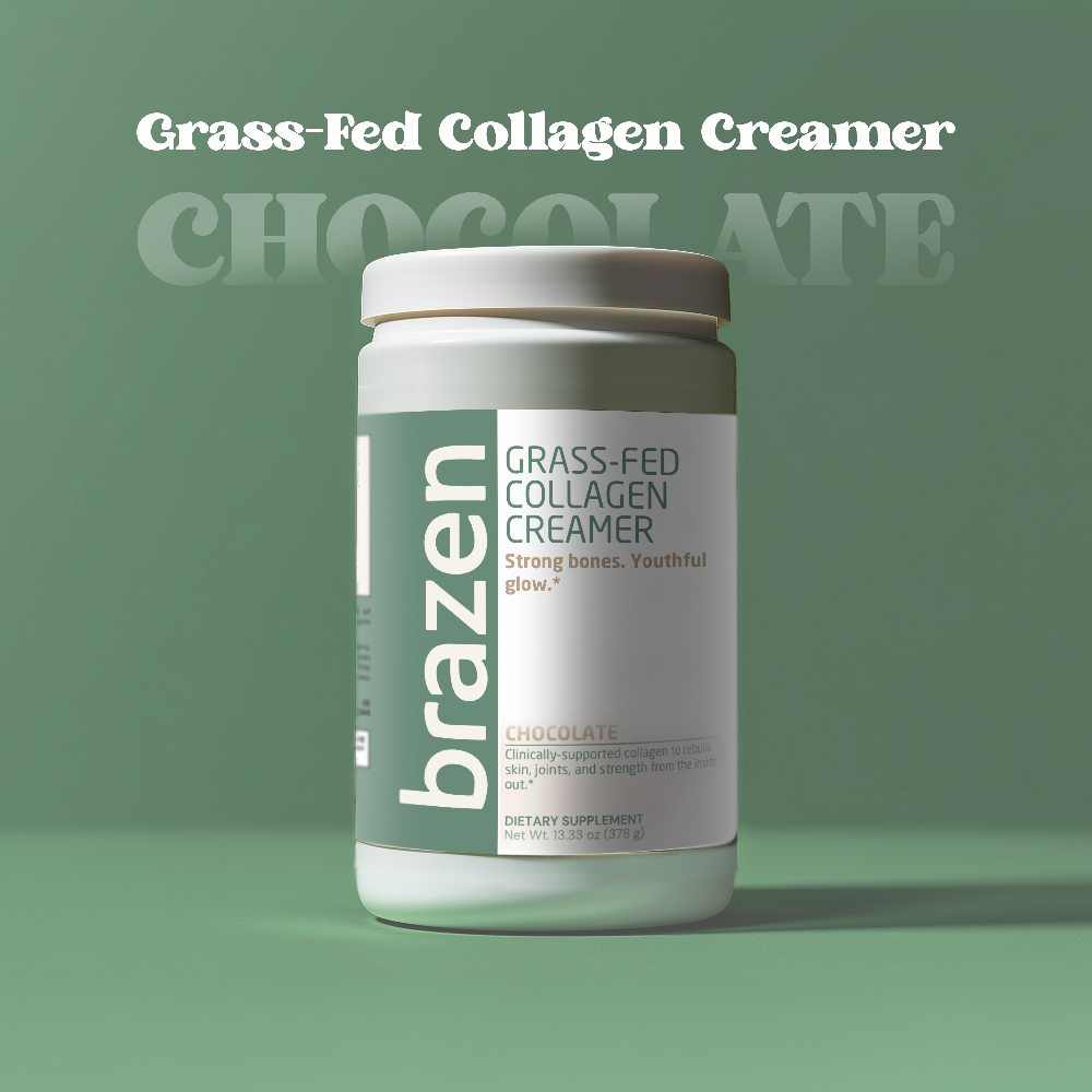 Brazen Grass-Fed Collagen Creamer container on a green background