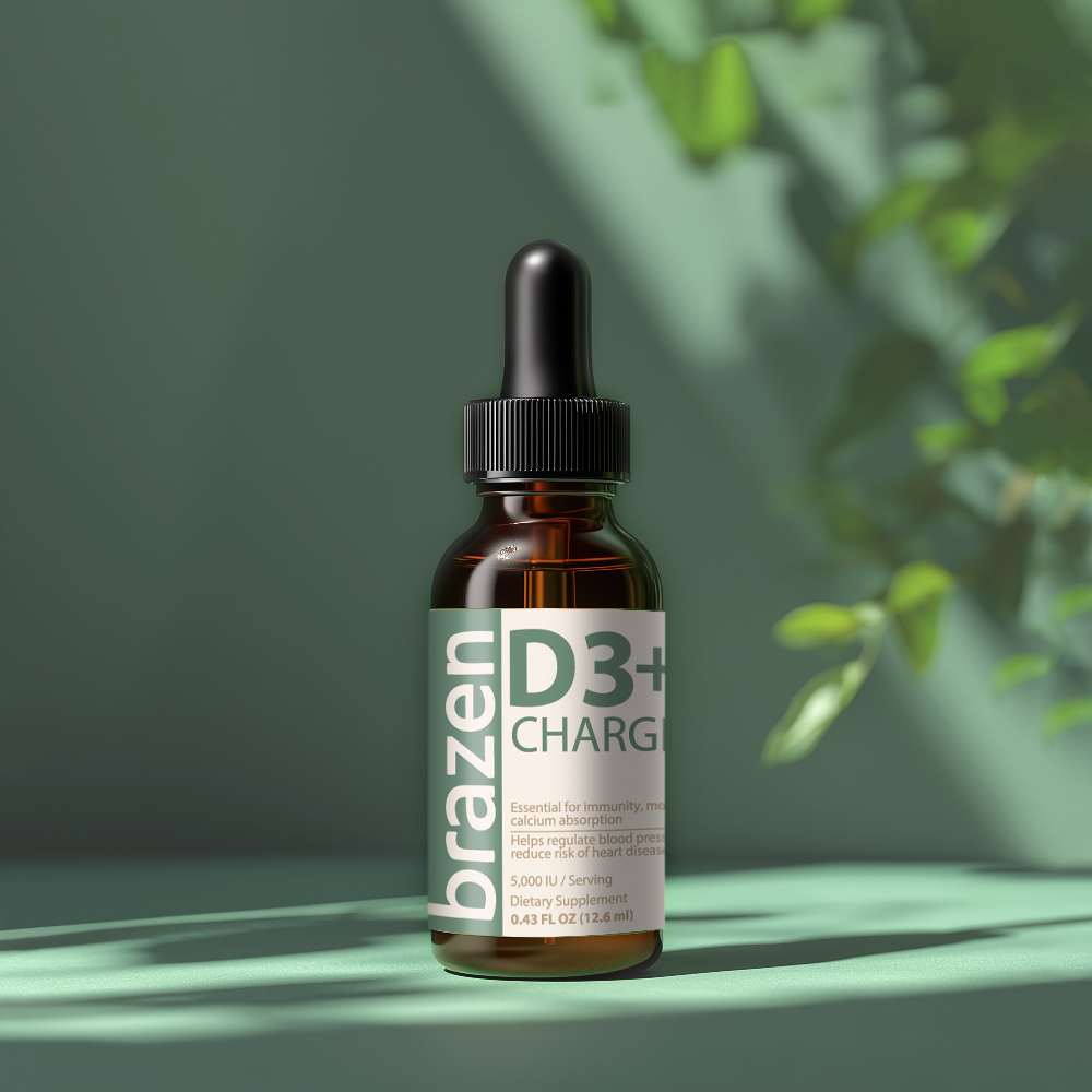 Brazen D3+ Charge supplement bottle with dropper on a green background