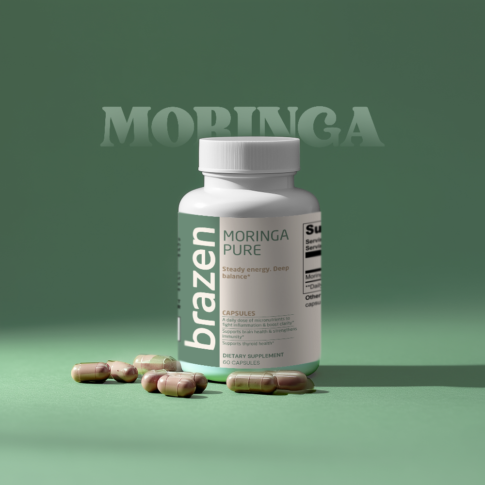 Brazen Moringa Pure supplement bottle with capsules on a green background