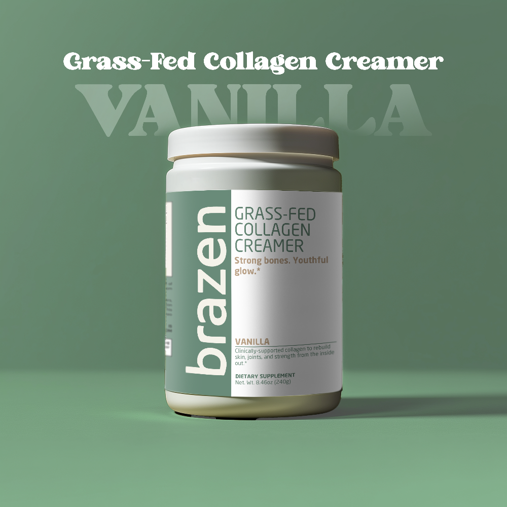 Brazen Grass-Fed Collagen Creamer container on a green background