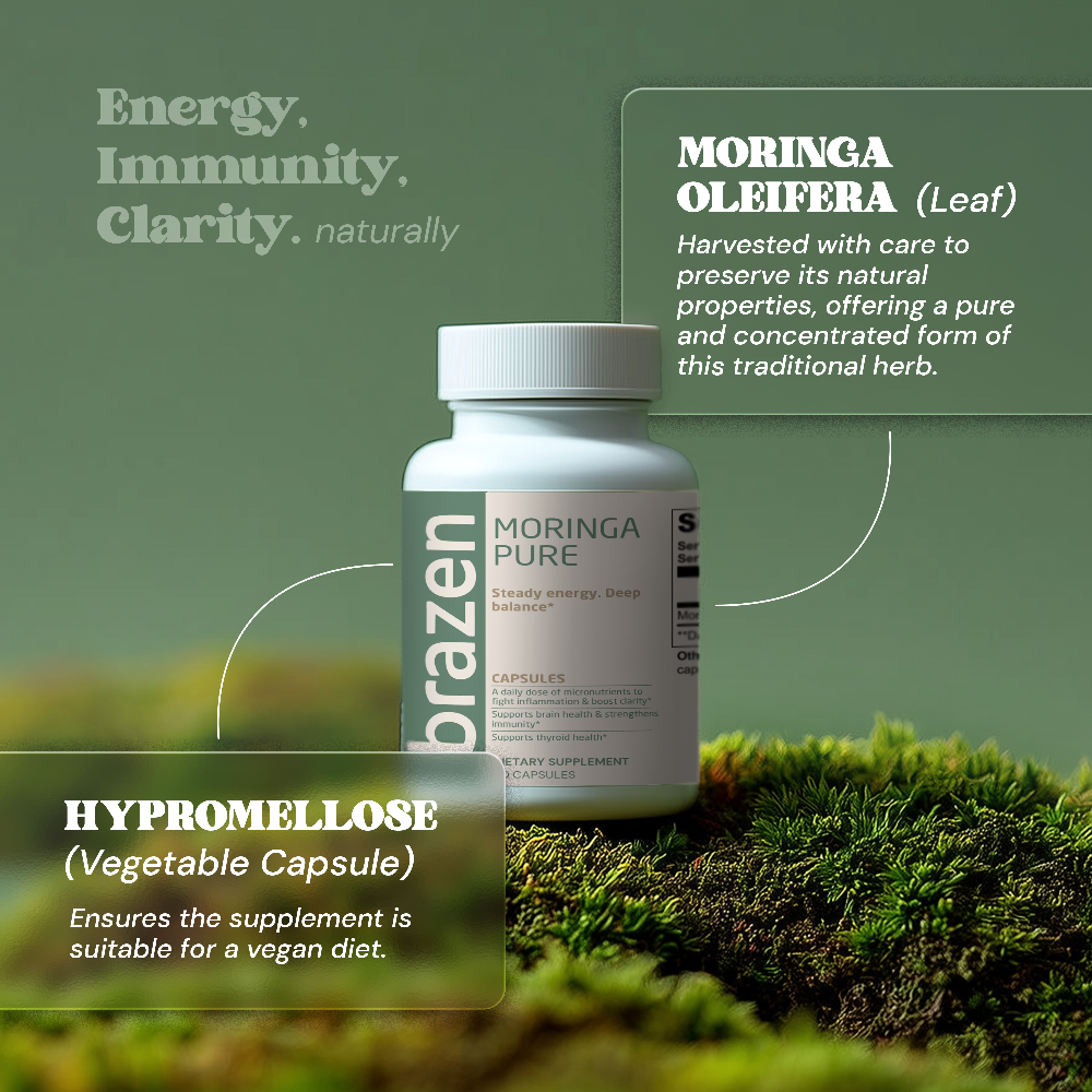 Brazen Moringa Pure supplement bottle on a green background with text about Moringa Oleifera.
