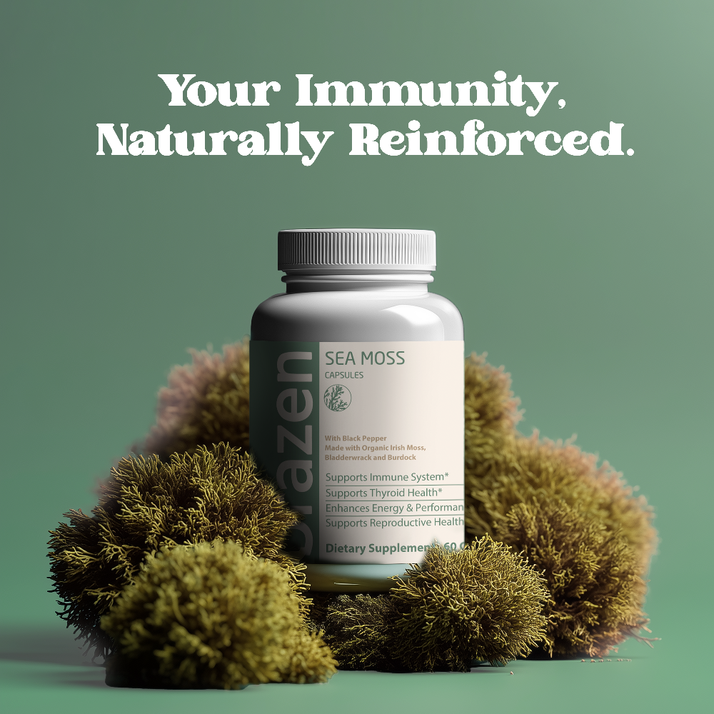 Sea moss supplement bottle with text 'Your Immunity, Naturally Reinforced' on a green background
