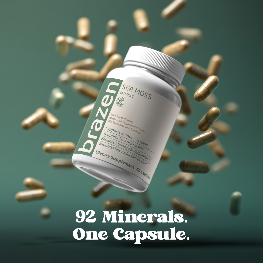 Brazen Sea Moss supplement bottle with capsules on a green background