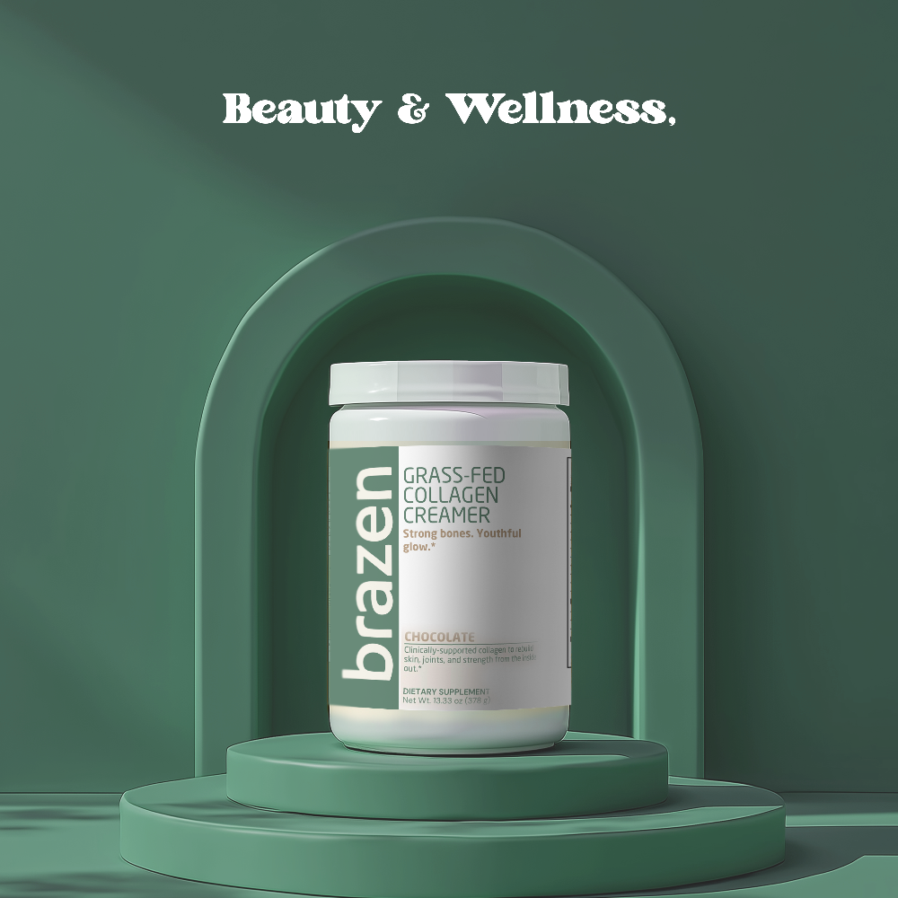 Container of brazen grass-fed collagen creamer on a green platform with 'Beauty & Wellness' text above.