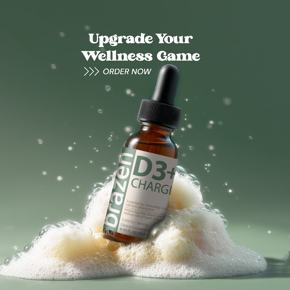 Bottle of D3+ Charge supplement with dropper on a green background