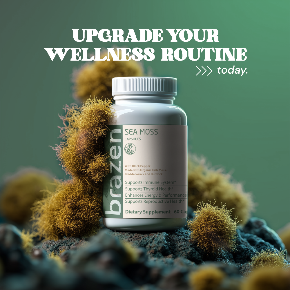 Brazen Sea Moss supplement bottle surrounded by sea moss on a green background with text.