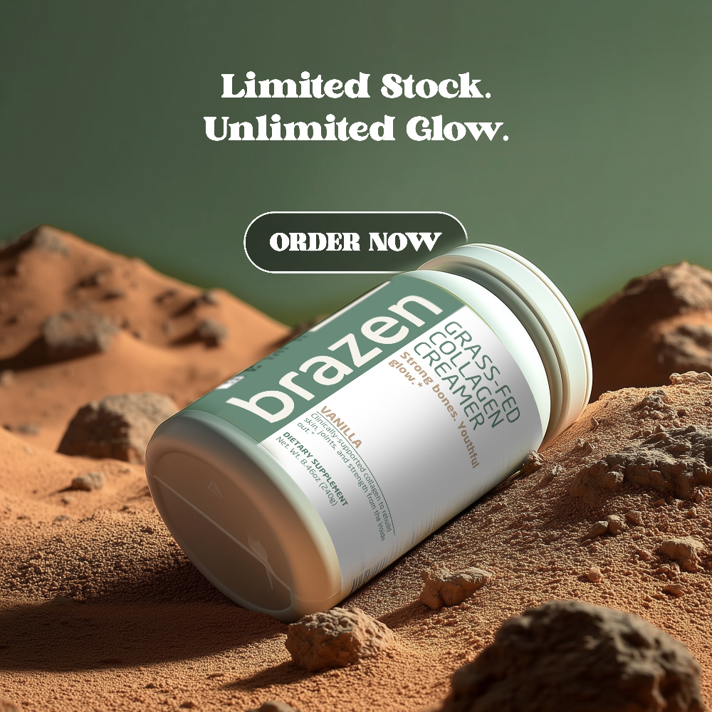 Brazen grass fed protein powder container on a rocky surface with promotional text.