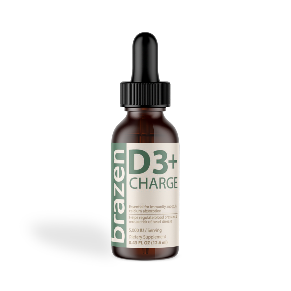 Bottle of brazen D3+ Charge supplement with dropper on a white background