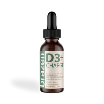 Bottle of brazen D3+ Charge supplement with dropper on a white background