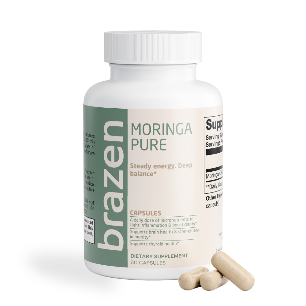 Brazen Moringa Pure supplement bottle with capsules on a white background