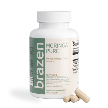 Brazen Moringa Pure supplement bottle with capsules on a white background