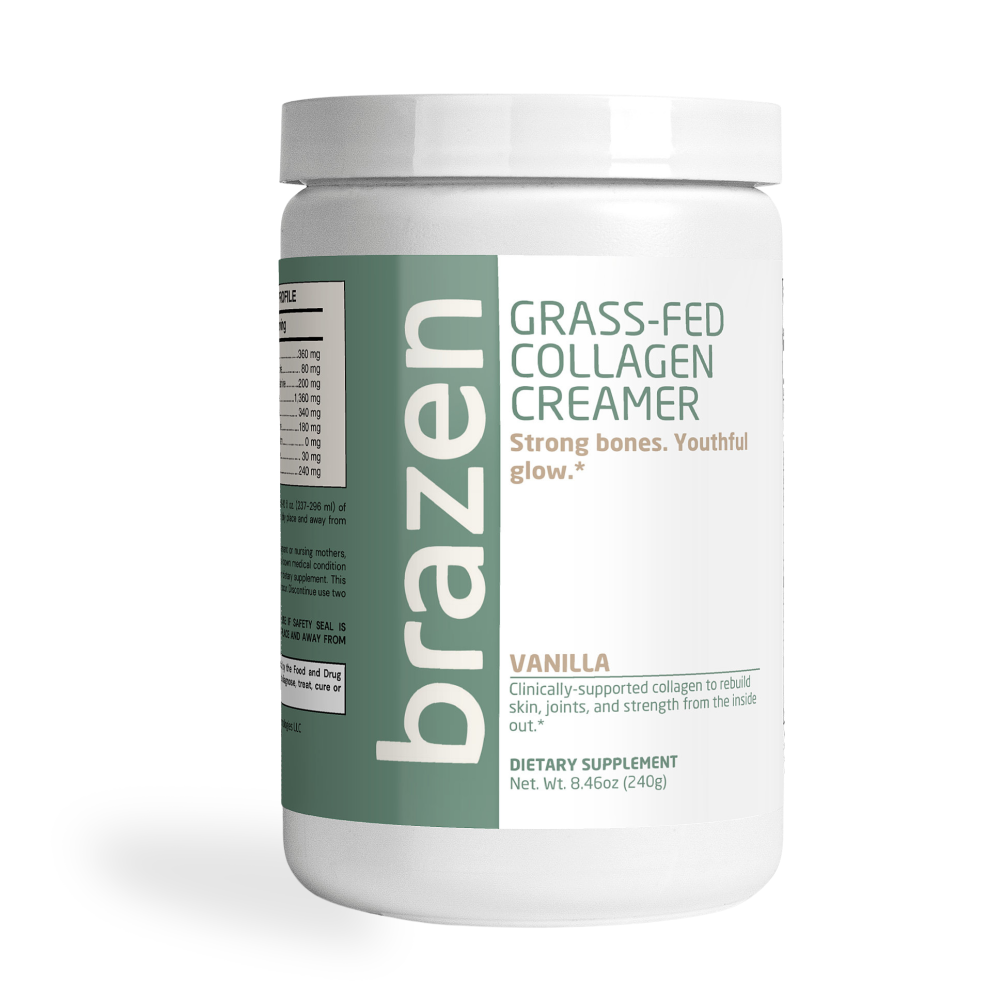 Brazen grass-fed collagen creamer container on a white background