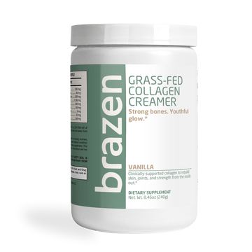 Brazen grass-fed collagen creamer container on a white background