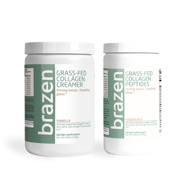 Two containers of brazen grass-fed collagen products on a white background