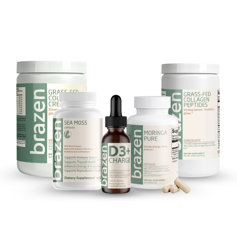 Collection of brazen supplement bottles and containers on a white background