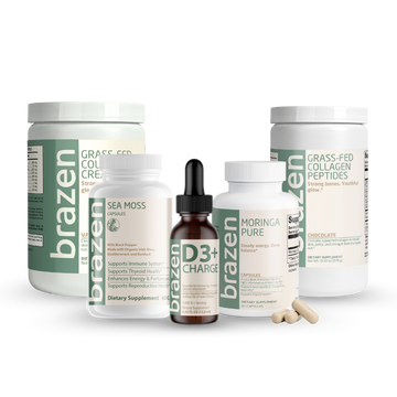 Collection of brazen supplement bottles and containers on a white background